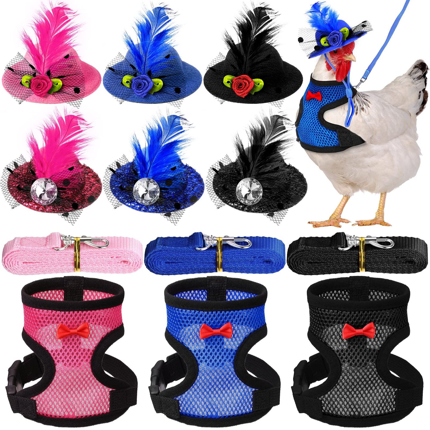 9 Pcs Chicken Harness with Leash and Chicken Hats Set Funny Chicken Accessories Chicken Hats for Hens Duck Goose Parrot Small Pet Harness Adjustable Chicken Training Walking Supplies