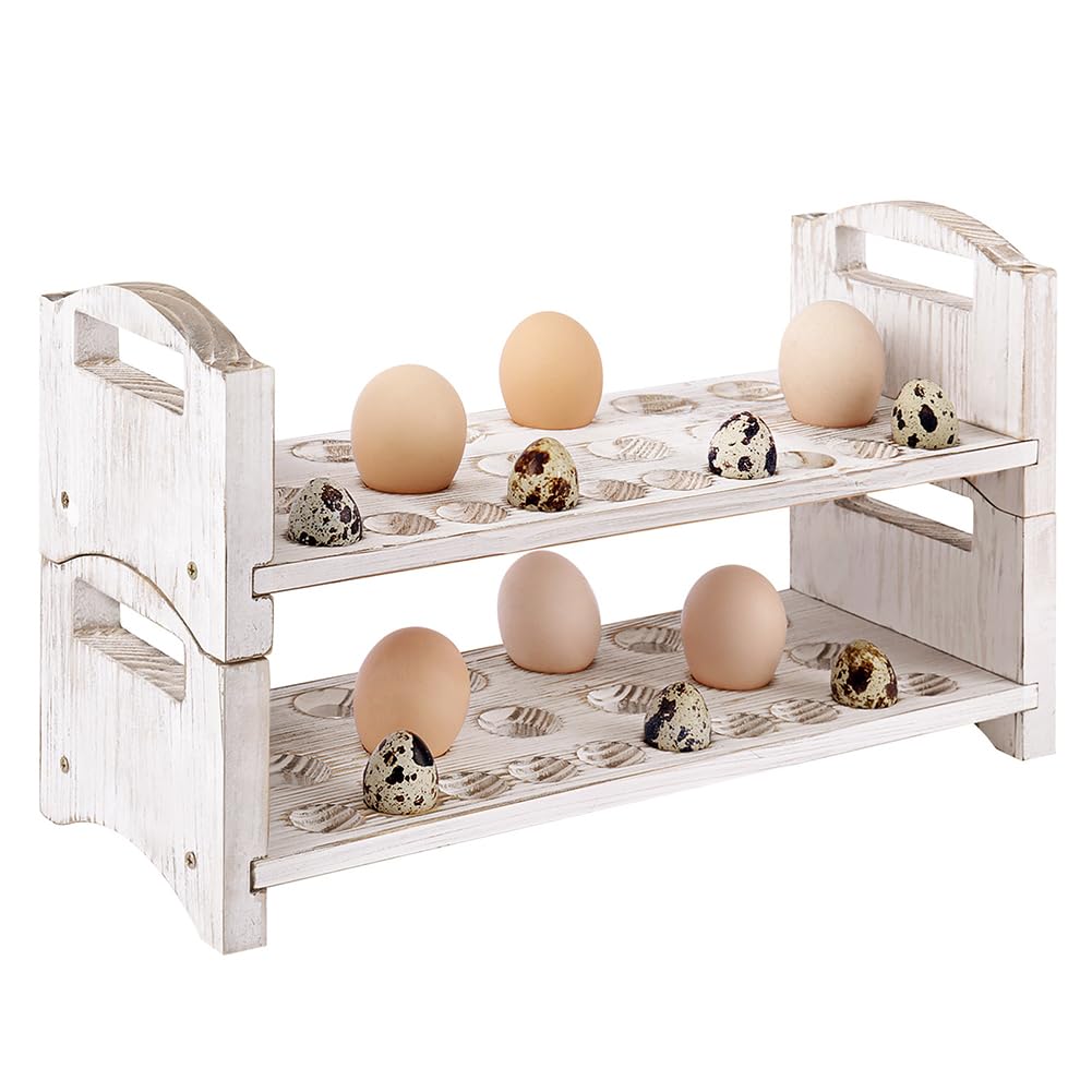 Wooden Egg Holder 2 Layer Fresh Egg Rack Holders Countertop Stackable Quail Egg Sorter Storage Trays Organizer Display Stand Kitchen Rack Fits Duck Turkey Chicken Eggsup to 36 Eggs 2 Tier-White